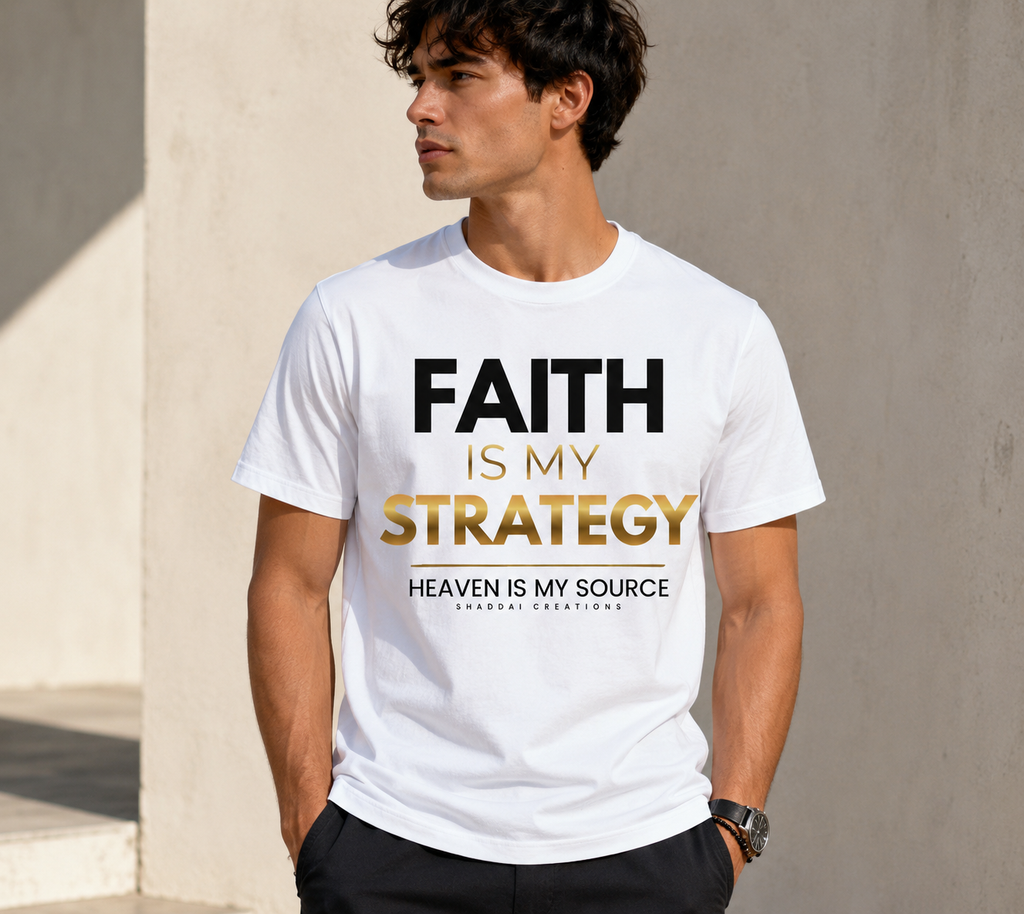 Camiseta Cristiana “Faith Is My Strategy” – Blanca