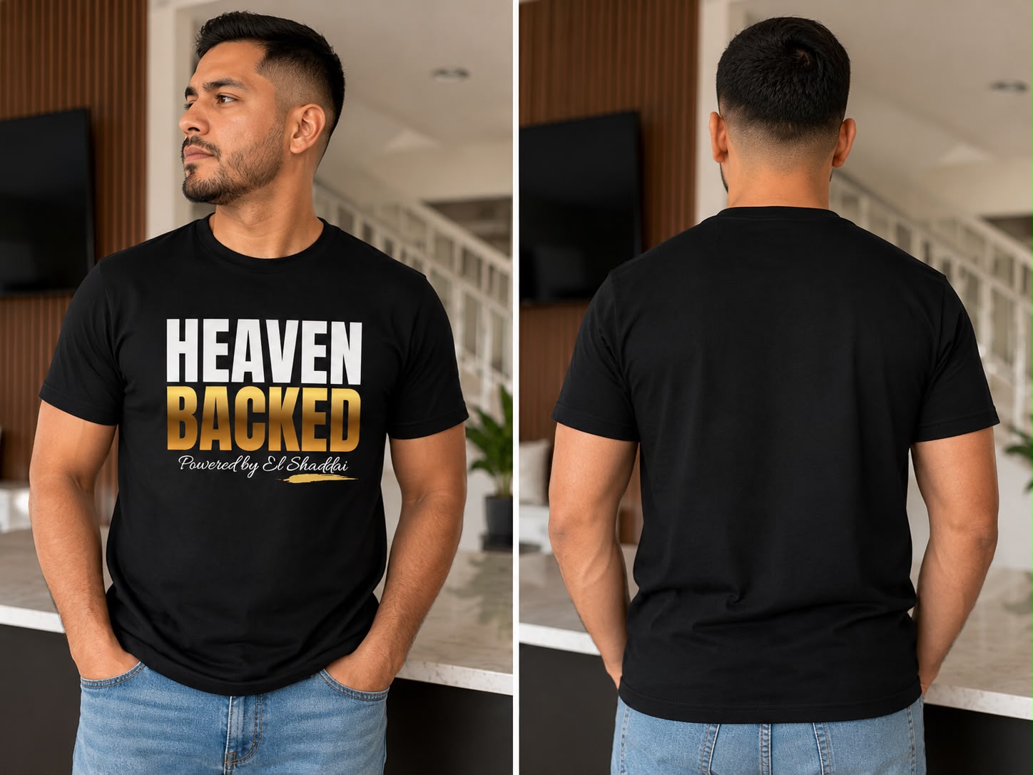 Camiseta Cristiana “Heaven Backed” – Powered by El Shaddai | Unisex Premium Negra
