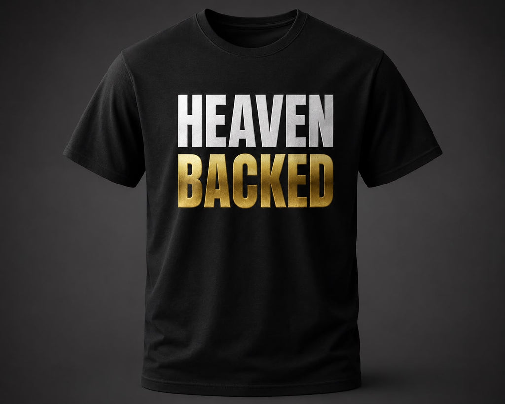 Camiseta Cristiana “Heaven Backed” – Powered by El Shaddai | Unisex Premium Negra
