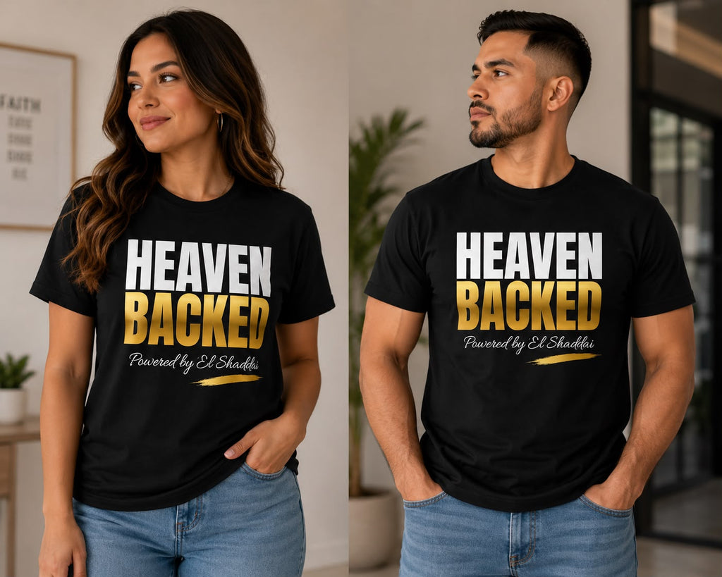 Camiseta Cristiana “Heaven Backed” – Powered by El Shaddai | Unisex Premium Negra