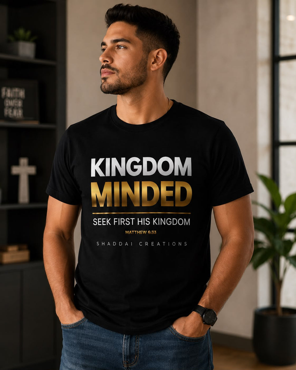 Camiseta Cristiana Kingdom Minded – Matthew 6:33 | Unisex Premium Negra